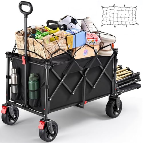 YEAUPE PRO Hopfällbar vagn för camping, strand och trädgård – utfällbar bakpanel, terränghjul (17×6 cm) med dubbel broms – 200 kg last, 160–240 L volym – Svart