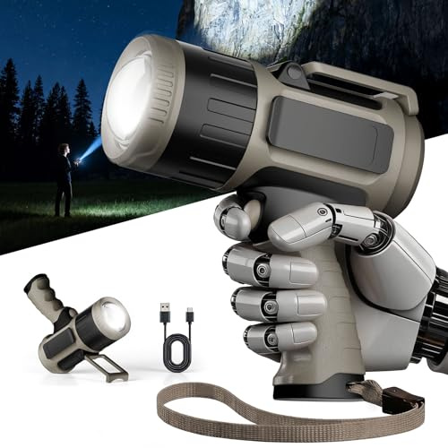 LiangJJ 1000000 Lumens Adjustable Focus Spotlight, 16000mAh 20Hrs Super Bright LED Rechargeable Spotlight Flashlight, 3-Mode, Build-in Stand & Clip, IPX7 Waterproof Handheld Spot Light Outdoor, Gray