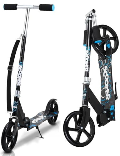 Vkechh Monopattino pieghevole per bambini, 3 altezze regolabili con ruote Big Wheel e tracolla, per bambini, colore nero/blu