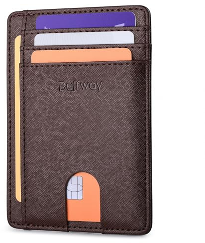 Buffway Carteras Minimalistas de Cuero con Bloqueo RFID para Hombres y Mujeres, Color café Cruzado, S, Minimalista