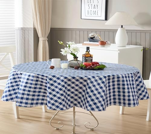 Newbridge 60 x 84 Inch Oval Vinyl Tablecloth with Flannel Backing, Bistro Tavern Check, Café Checkered Indoor Outdoor Vinyl Table Cover for Picnic, Barbecue and Patio Dining, Blue