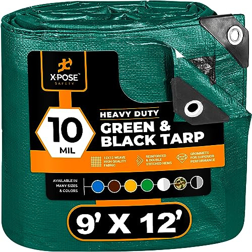 Heavy Duty Poly Tarp 9 Feet x 12 Feet 10 Mil Thick Waterproof, UV Blocking Protective Cover - Reversible Green and Black - Laminated Coating - Grommets - by Xpose Safety