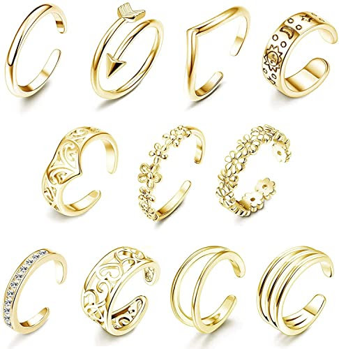 Adramata 11 Stück verstellbare Zehenringe für Frauen 14 Karat vergoldet einfache offene Pfeil Blume Herz Fußschmuck Zehenringe Set