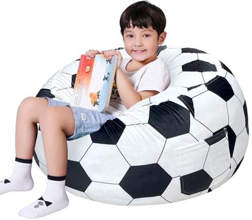 Lukeight Soccer Stuffed Animals Storage Bean Bag Chair Cover for Kids, Cozy Velvet Plush Toy Organizer Seat, Cover Only, No Filling Included, Long YKK Zipper, Side Pocket, X-Large 30 x 18 in