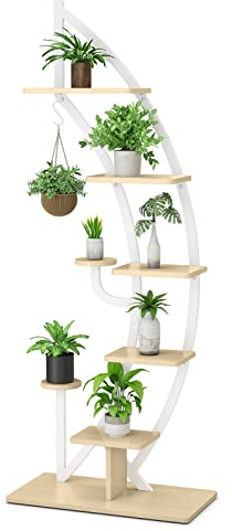 COSTWAY 6-stufiger Metall-Pflanzenständer in Halbmondform, Blumenregal mit 2 kleine Ablagen & oberem Haken, Leiter Pflanzenregal Kippschutz, Blumentopf-Ständer für Garten Balkon Wohnzimmer (Weiß)