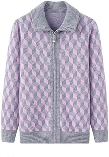 Kaschmir-Strickjacke Mit Verdicktem Kragen, Unregelmäßigem Karo-Reißverschluss Für Damen,Grau,4XL