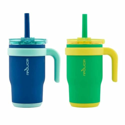 Reduce Coldee Becher mit Griff für Kinder, auslaufsicherer, isolierter Edelstahlbecher mit Deckel und Strohhalm, auslaufsicherer, kaufester Strohhalm, 400 ml, 2 Stück