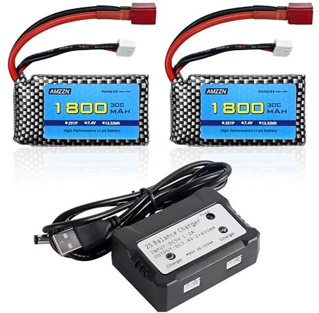 AMZZN 2 Stück 7,4V 2S 1800mAh 30C Lipo Akku T Stecker mit Ladegerät 2-in-1 geeignet für WLTYOS K929-B A959-B 12401 9200 9200E 300E YC200 HM123 1/10, 1/12, Verhältnis 1/16 RC Auto und Lastwagen