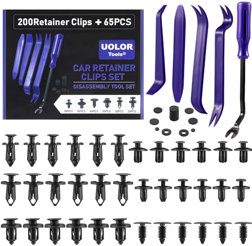 Uolor Set med 265 stycken fästklämmor för bil, fästklämmor, 6 typer för dörrbeklädnad, expansionsnät, nylon, expansionsnitar, för kaross, plast, med verktyg