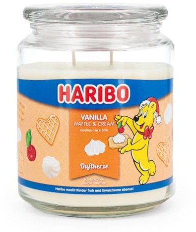 Haribo Duftkerze im Glas | Vanilla Waffle Cream 510g | Duftkerze Vanille mit Buttercreme | 2 Dochte | Brenndauer bis 100h | Geschenkidee für Winter & Weihnachten