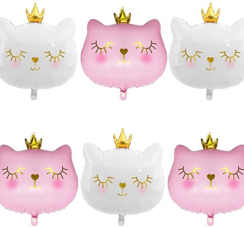 DazzJoy 6 Stück Katzen Deko Luftballons Geburtstag, XXL Luftballon Katze Tiere Ballons, Folienballon Katze Deko Geburtstag, Rosa Weiß Kronen Katzen Ballon Tiere für Kindergeburtstag Deko Mädchen Junge