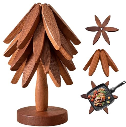 Wooden Trivets Coasters Set of 4 Tree Shape Trivet Set Foldable Heat Resistant Pads Reusable Wooden Trivets Potholder for Kitchen Accessories