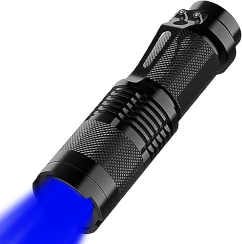 HYVCZP Lampe de poche LED à lumière bleue, mise au point réglable, 4 modes d'éclairage, super lumineuse, étanche, petite lampe de poche légère pour coupure de courant, urgence, camping, randonnée,