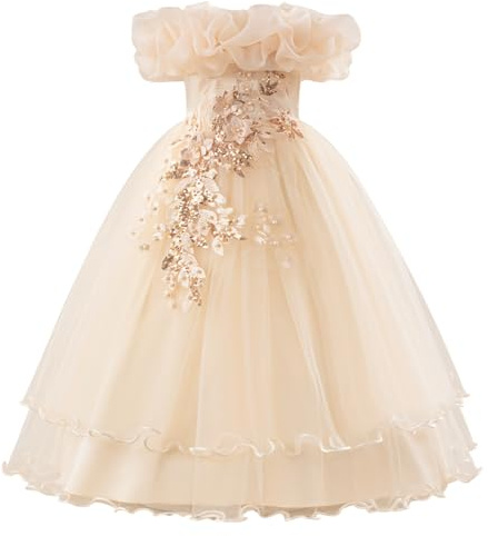 IBAKOM Flower Girl Dress Girls Festive for Wedding: Sleeveless Summer Dress with Flowers Long - Tulle Princess Dress for Children 7-12 Years, apricot, 10 Years