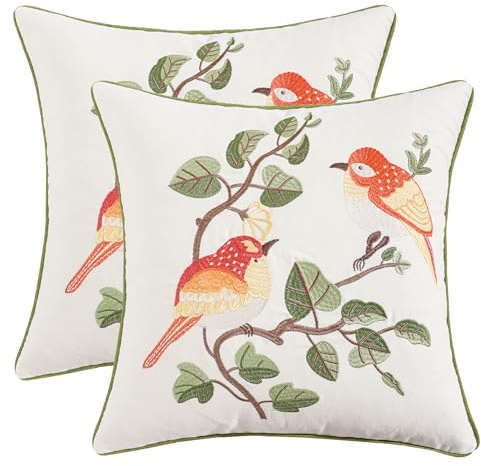 Tosleo Juego de 2 fundas de cojín con flores de primavera de 45 x 45 cm, para jardín, flores, pájaros, algodón, decorativas, para sofá, hogar, jardín, decoración al aire libre