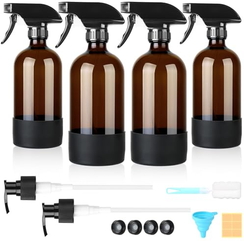 Furuising 4Pcs 480ml Glass Spray Bottles, Empty Spray Bottle for Cleaning, Hair, Refillable Amber Plant Sprayer Mister with Adjustable Nozzle for Squirt and Mist
