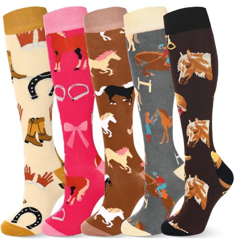 Sintege 5 Paires de Chaussettes d'Équitation pour Femme Chaussettes d'Équitation Longues Mi-Bas Colorés à Motifs Animaliers Cadeau Amusant pour Amoureux des Chevaux et Cavalières