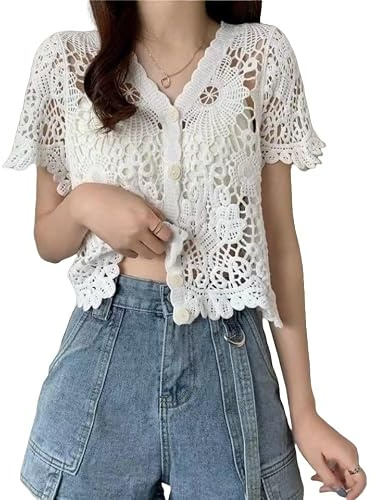 Chaleco De Crochet Bohemio Hippie para Mujer, Top Corto De Crochet Calado para Mujer, Blusa De Manga Corta De Verano, Suéter De Punto Abierto, Chaleco con Botones