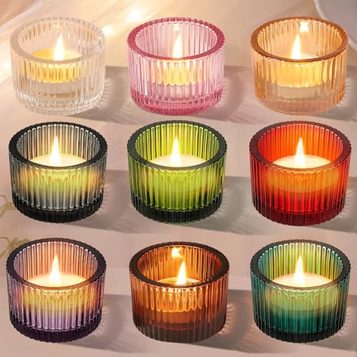 NEWJEK 9er Set Teelichthalter Glas, 5,2 cm × 3,5 cm Klein Teelicht Gläser, Teelichtgläser Kerzenglas, Teelichtglas für Hochzeit Dekoration, Geburtstagsfeier, Weihnachten (9 Farben)