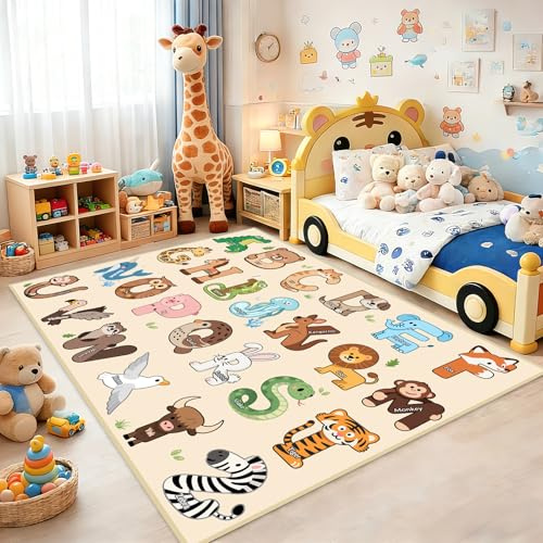 FTBNIQWRHN Kids Rugs for Playroom - 2.5x4 Feet ABC Rug for Toddler Children Educational Learning Animal, Alphabet Rug Kids Play Mat Nursery Bedroom Kindergarten Decor, Beige