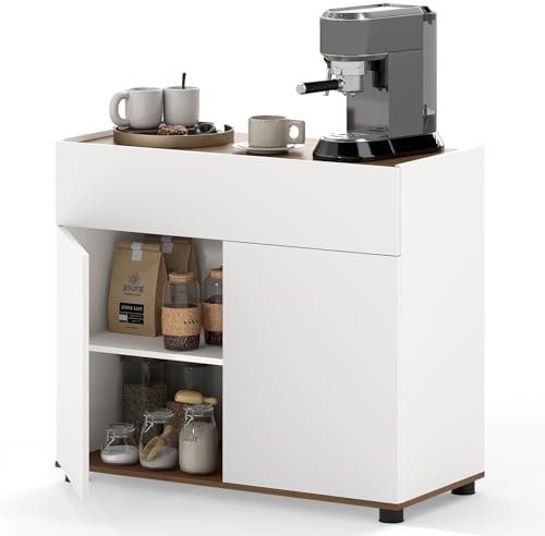 KOMFOTTEU Credenza Cucina con Cassetto e 2 Ante, Mobile Cucina Dispensa Moderno con Dispositivo Antiribaltamento, Mobiletto Buffet per Soggiorno, Sala da Pranzo, 80 x 35 x 70 cm (L x P x A) (Bianco)