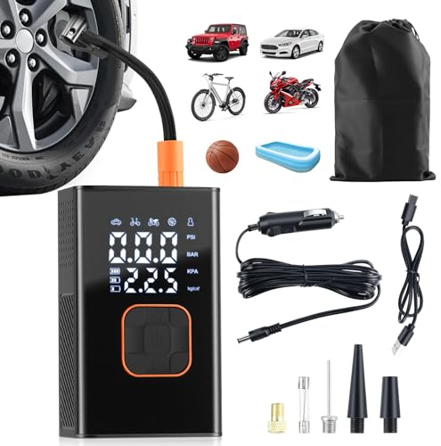 Aischens Inflador de Neumáticos y Compresor de Aire Portátil para Coche, Bicicleta – Bomba de Aire Eléctrica con Manómetro Digital, Recargable (Bomba Portátil)