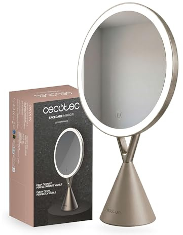 Cecotec Espejo de Maquillaje Redondo con Accesorio de Aumento 10x y Luz LED FaceCare Mirror. Recargable, 3 Intensidades de Luz, Ángulo de Posición Ajustable, Botón Táctil, Cable de Carga Tipo C
