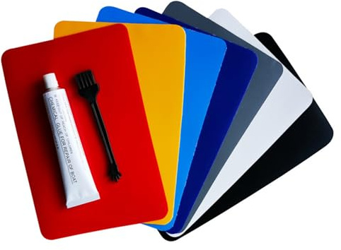 Ameble 30 ml stark självhäftande uppblåsbar reparationssats PVC reparationssats med 6 slumpmässiga färglappar och borstar för kajaker, luftmadrasser, paddelbrädor, simbassänger