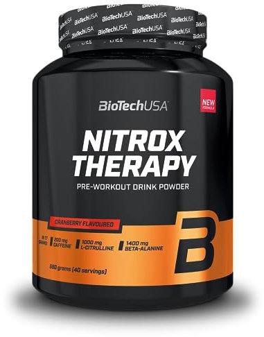 BioTechUSA Nitrox Therapy | Con vitamina B6, magnesio y cafeína | 16 ingredientes activos | Sin gluten, sin lactosa, 680 g, Arándano
