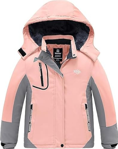 Wantdo Chaqueta de Senderismo Deportiva Invierno Parka Cálida Forro Polar con Capucha Abrigo de Lana para Exteriores Chaqueta de Esquí Antiviento Impermeable para Ni?as Rosado Claro 128-134