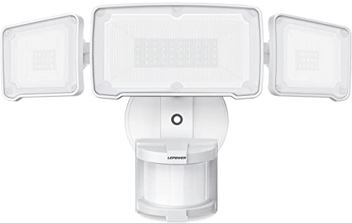 LEPOWER LED Security Lights Motion Sensor Light Outdoor, 38W 4200LM Light, 5500K, IP65 Waterproof, 3 Head Detected Flood Light for Garage, Yard, Porch (White)