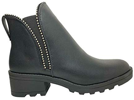Core Collection Womens Studded Elastic Block Chunky Heel Chelsea Ankle Ladies Winter Biker Boots (Black, Numeric_5)