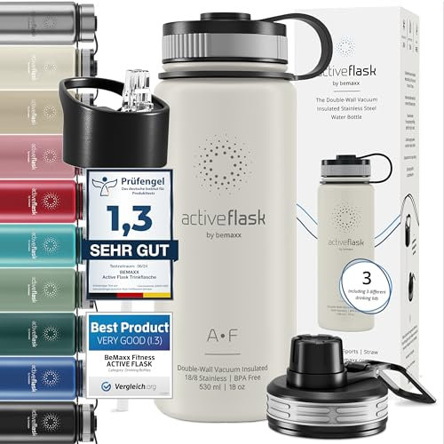 Trinkflasche Edelstahl ACTIVE FLASK + Strohhalm (3 Deckel) BPA-frei, Auslaufsicher, Kohlensäure geeignet - Wasserflasche Fahrrad Thermosflasche Isoliert Isolierflasche Sport Wasser Flasche Kinder Tee