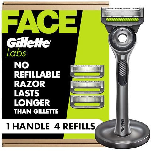GilletteLabs Men's Shaving Razor with Exfoliating Bar, 1 Handle, 4 Blade Refills, Magnetic Stand