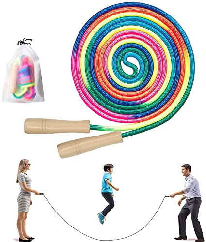 Springseil Speed Rope,Rainbow Hüpfseil,5M Lange Springseil,Springseil Sport,Holzgriff Springseil,Verstellbar Hüpfseil,Verstellbare Springseil,Kinder und Erwachsene Seilspringen,Gruppen Seil