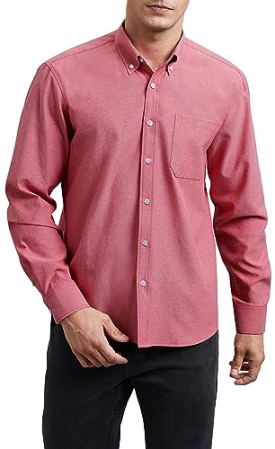 HISDERN Oxford Shirts for Men Casual Long Sleeve Smart Red Shirt Men's Button Down Shirt Regular Fit M