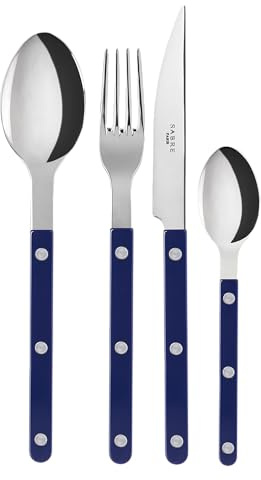Sabre Paris | Ensemble de couverts de table 4 pièces 24cm Bistrot, couleur Bleu marine et finition brillante. Comprend couteau, fourchette, cuillère à soupe et petite cuillère en Acier Inoxydable.