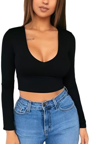 SamHeng Long Sleeve Crop Tops for Women Stretchy T-Shirt Ladies Short Plain Scoop Neck Top Sexy Slim Fit Casual Wear Black-L
