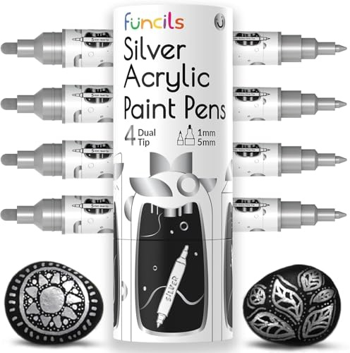 Funcils 4 Metallic Silver Paint Pen, Acrylic (Dual Tip) - Fine Tip & Medium | Silver Marker & Acrylic Paint Markers for Rock Painting, Canvas, Wood, Glass, Fabric, Metal, Shoes, Plastic - Water-based Ink