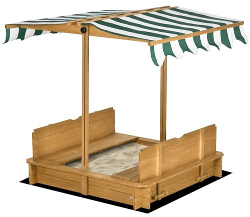 Outsunny Litière pour Enfants en Bois avec auvent réglable dossiers Amovibles et 2 bancs pour Jardin patio 106 x 106 x 121 cm Naturel et Rayures Vertes