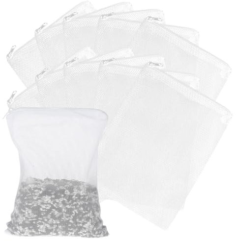 Gjinxi Fine Mesh Bag Aquarium with Zipper 10pcs Mesh Filter Media Bags, Reusable Net Fish Tank for Activated Carbon, Storage Colanders Bag, Compatible with Cleaner, Air Pump & Water Maintenance, White