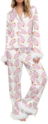 Owegvia Set di pigiama natalizio da donna con stampa Babbo Natale/Albero di Natale/Stivali, rifiniture in piume in seta satinata, L