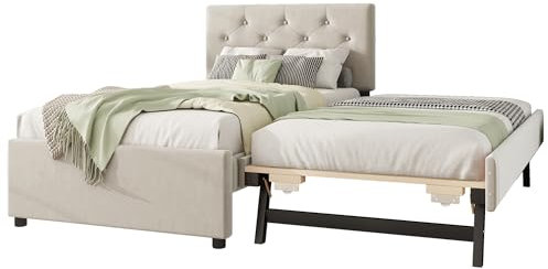 Azkoeesy Cama tapizada con Cama Nido, Patas metálicas Plegables, Convertible en Cama de Matrimonio, con somier, capitoné con Botones, Funda de Terciopelo, 90x200 cm + 90x190 cm, Beige