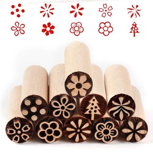 Fhioevt 10 Pezzi Timbri per Argilla Ceramica Timbri di Legno Fiori Timbri Intagliati in Legno di Rotondo Strumenti di Ceramica in Legno Stampa per Ceramica Scrapbooking e Pasticcini (5 x 1.5cm)