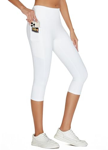adorence Sport Leggings Damen 3/4, Capri Leggings Damen mit 5 Taschen, Blickdicht Sporthose High Waist Yogahose Laufhose Fitnesshose -Weiß,L