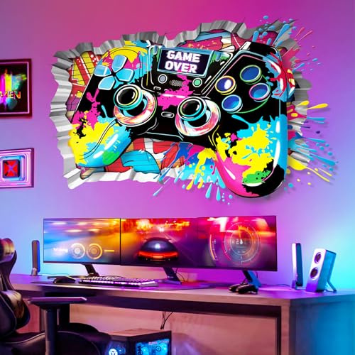decalmile Stickers Muraux 3D Gamer Personnalisé XXL Autocollant Mural Gaming Jeux Vidéo Contrôleur Coloré Décoration Murale Chambre Enfant Adolescent Ado Garçon Salle de Jeux