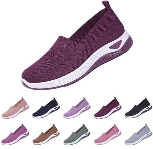 Womens Slip On Trainers Ladies Wide Fit Breathable Mesh Running Walking Shoes Comfortable Arch Support Soft Sole Athletic Tennis Sneakers Non Slip Orthopaedic Shoes for Women UK Summer Watermelon Red