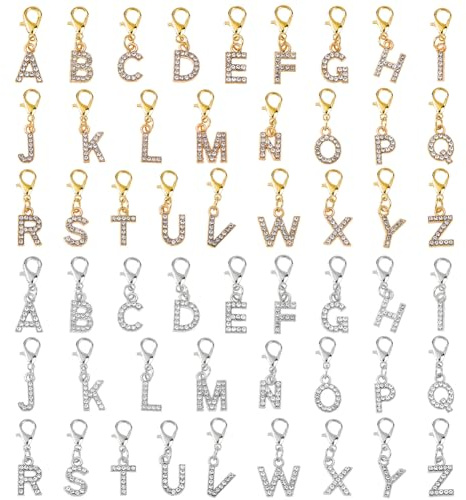 SUPERFINDIN 52 pezzi 2 colori lettere ciondolo lega cristallo strass alfabeto ciondolo a forma di lettera alfabeto ciondolo con chiusura a moschettone per fai da te artigianato collare portachiavi