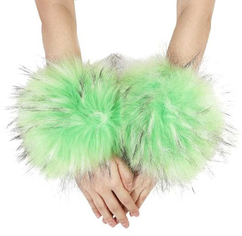 Women's Faux Fur Wrist Cuffs Winter Fluffy Furry Arm Warmers Plush Wristband(Green)