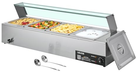 VEVOR Chauffe-Plat Électrique à Vapeur 1500 W, Buffet Chauffant en INOX, Bain-Marie avec 4 Bacs de 1/2, Couvercle en Verre et Louches à Soupe et Perforées, pour Servir Buffet en Libre-Service